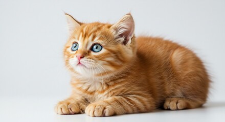 Obraz premium Ein entz�ckendes orangefarbenes K�tzchen mit blauen Augen liegt im sanften Licht und blickt aufmerksam. AI Generated