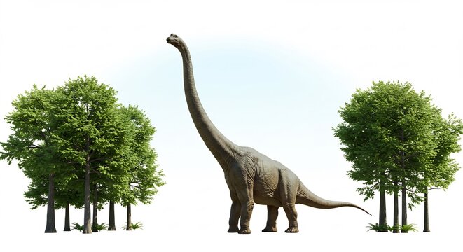 Gro�er Langhalsdinosaurier stolziert majest�tisch zwischen gr�nen B�umen auf strahlend wei�em Hintergrund. AI Generated