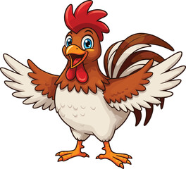 Cartoon rooster character with cheerful expression, colorful feathers, farm animal mascot for children’s book, educational, and poultry-themed illustrations