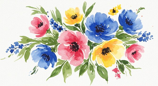 Leuchtendes Aquarellblumenbouquet handgemalt mit flie�enden Farben fr�hlich bunte Bl�ten und frisches Gr�n auf Wei�. AI Generated