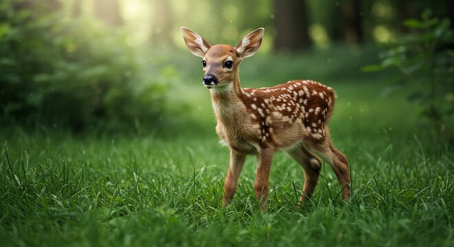 Niedliches Rehkitz steht auf gruener Waldwiese im sanften goldenen Sonnenlicht. AI Generated