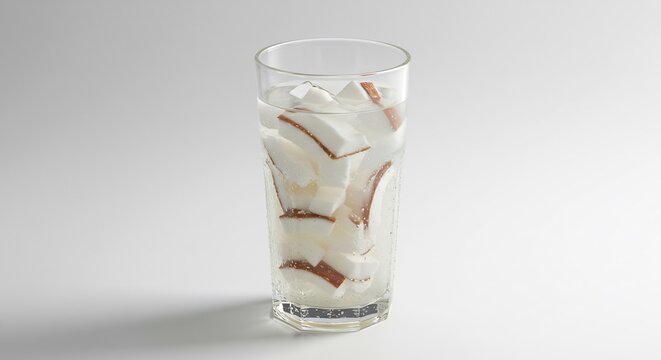 Strahlend hell beleuchtete Kokosnussst�cke in hohem Glas wirken erfrischend minimalistisch auf grauem Grund. AI Generated