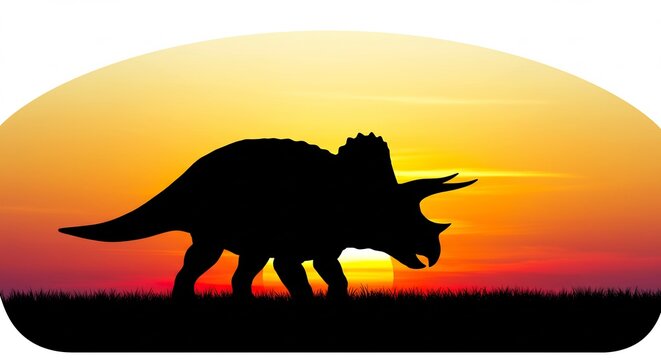 M�chtiger Triceratops Schattenriss spaziert majest�tisch vor einem dramatisch leuchtenden Sonnenuntergang am Horizont.. AI Generated