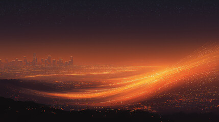 Fototapeta premium Skyline Horizon: A breathtaking view showcases the fiery hues of dusk cascading across the horizon, painting the sky with vibrant strokes of light.