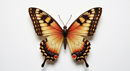 Fototapeta premium Leuchtender Schmetterling mit orange gelben Fl�geln vor wei�em Hintergrund sanft beleuchtet Studioaufnahme. AI Generated