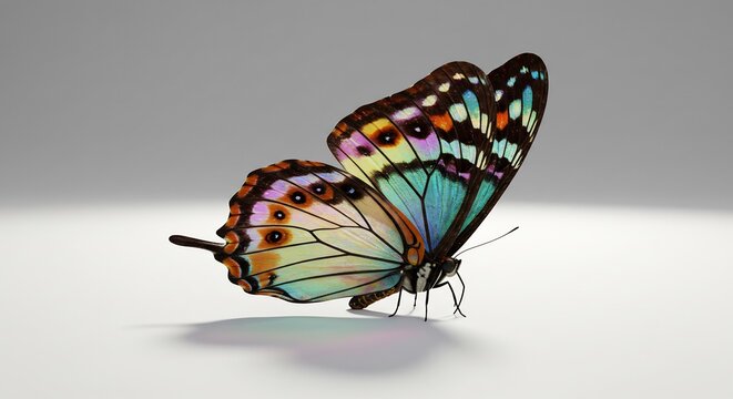 Lebendig bunter Schmetterling mit leuchtenden Fl�geln f�ngt sanftes Licht ein wirkt elegant vor hellem Grund. AI Generated