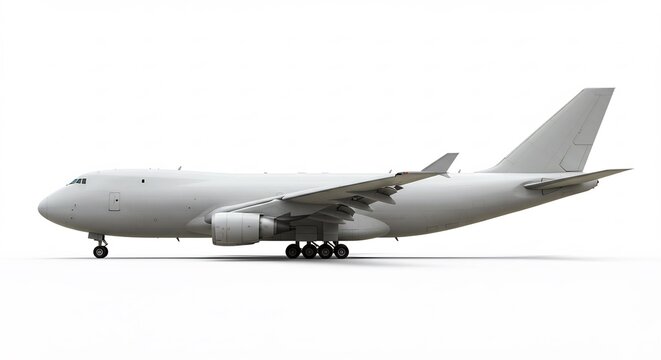 Gro�es Frachtflugzeug reinwei� auf makellosem wei�en Hintergrund freigestellt fuer nahtlosen Luftfrachttransport. AI Generated