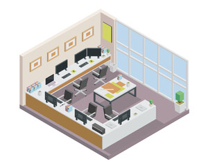 Obraz premium Isometric Pixel Art Office Interior Design with Desks Chairs Computers and Large Windows in a Bright Environment