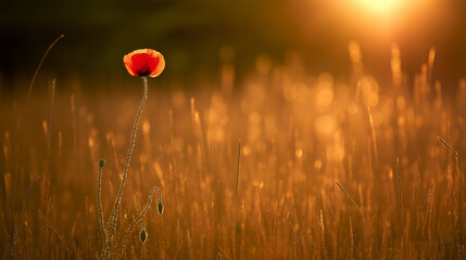 Close-up of a single red poppy in a sunset-lit field, glowing with warm golden backlight.