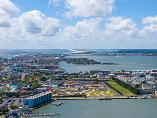 Aerial shot of hotels and condos and blue ocean water in Ocean City Maryland USA