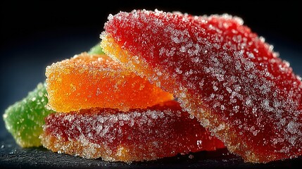 Stack of colorful sugared fruit jelly slices on dark background.
