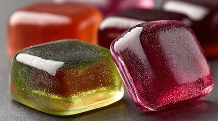 Close-up of colorful square shaped gummy candies on a neutral surface.
