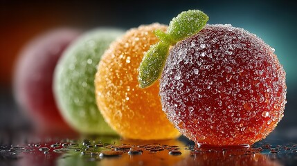 Row of colorful sugar-coated fruit jelly candies on a dark reflective surface.