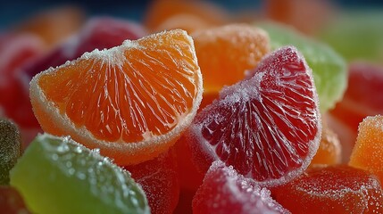 Close-up of colorful fruit jelly slices piled together sweet treat confectionery.
