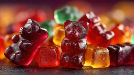 Pile of gummy bears in various colors on a blurred background.