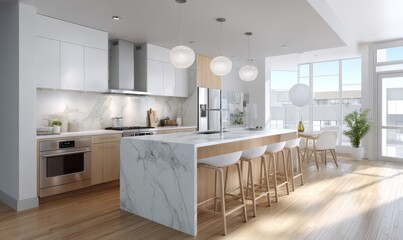 Modern bright kitchen with marble island and pendant lights