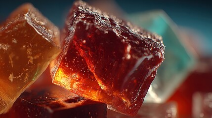 Close-up of colorful translucent sugar cubes in a pile against a blue background.