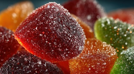 Colorful gummy candies piled together close up with sugar coating.