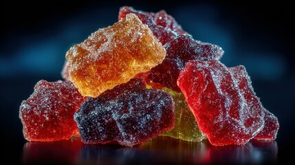 Pile of colorful translucent rock candy pieces against a dark background.