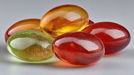 Pile of colorful translucent glass pebbles on a white surface.
