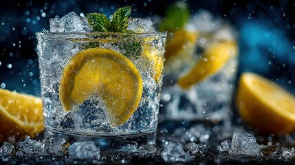Two glasses of refreshing drink with ice lemon and mint on a dark background.
