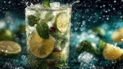 A refreshing mojito drink with lime mint and ice surrounded by water droplets.