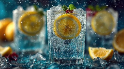 Three glasses with ice lemon slices and water drops on a dark background.