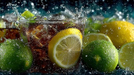 Refreshing drink with lemon lime and ice cubes creating a splash effect.