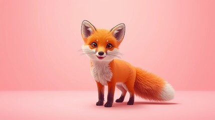 Fototapeta premium a surreal and vibrant cinematic photo of a flat vector kids illustration of an adorable fox with a fluffy tail, standing happily on a soft pastel pink solid color background, with subtle film grain te