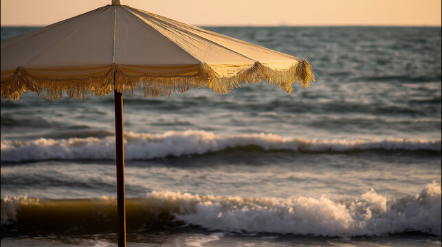 Sunny beach with gentle waves and a single umbrella under warm golden hour light. - Powered by Adobe