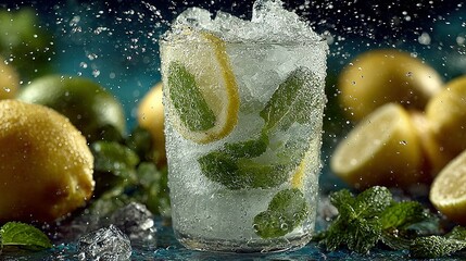 Refreshing drink with ice mint and lemon surrounded by lemons and limes.