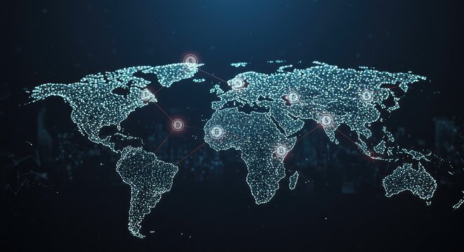 Global blockchain network connecting continents with cryptocurrency transactions, highlighting modern digital finance and worldwide economic trends in a technological world - Powered by Adobe