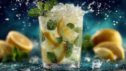 Refreshing mojito drink with lemon mint and ice against a dark background.