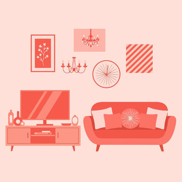 Modern living room interior with a flatscreen television, entertainment center, sofa, and decorative wall art, rendered in a warm coral color palette
