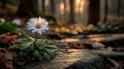 Daisy flower grows on a rock in a forest with blurred background.