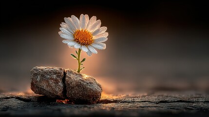 Single daisy growing from a stone on a dark textured surface.
