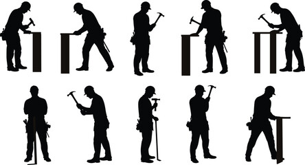 Construction worker silhouette using hammer, carpenter man working with tools, building and repair concept, black and white industrial illustration