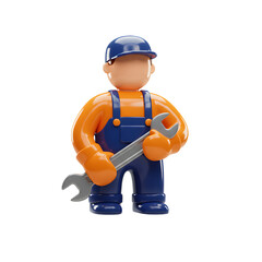 3D Cartoon Mechanic Worker in Overalls Holding Wrench Isolated on Transparent Background: Industry Service Icon