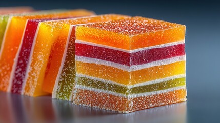 Stacked colorful layered fruit jelly squares close-up on a reflective surface.