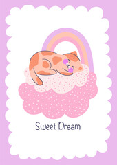 Colorful posters with adorable kitten sleeping on a clouds