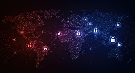 Secure global network connecting the world with advanced data protection, safeguarding information with elegant digital locks and dynamic interconnected systems