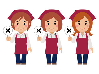 不正解の札を上げる真紅のエプロンと三角巾の女性