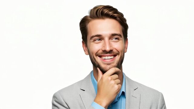 Portrait of a refreshing man confident of success, looking at something with a confident smile