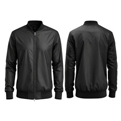 Front and back view of a black bomber jacket with ribbed cuffs, collar, and waist