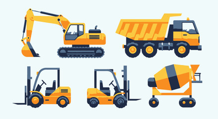 Collection of construction vehicles including excavator, dump truck, forklift, and concrete mixer