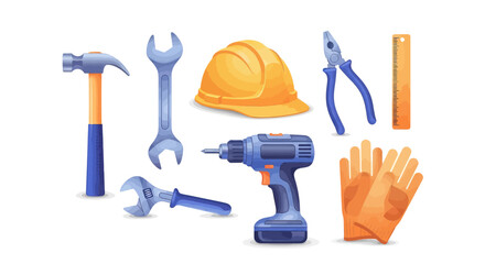 Diverse set of essential tools for construction, home improvement, and repair tasks, featuring a hammer, drill, wrenches, safety helmet, pliers, and work gloves