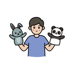 Cartoon Doodle of Person with Bunny and Panda Hand Puppets Illustration on Transparent Background