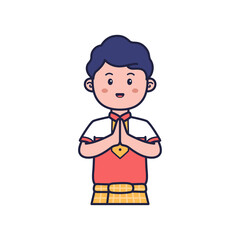 Cartoon Character Greeting with Folded Hands in Red and Yellow Outfit on Transparent Background
