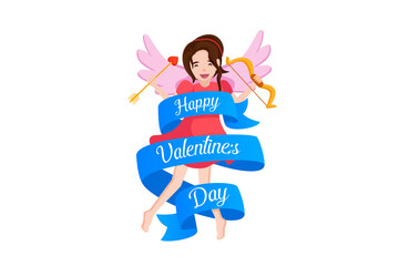 Cartoon Cupid Character with Bow and Arrow Wings and Blue Banner Illustration on a Transparent Background for Valentine's Day Celebration