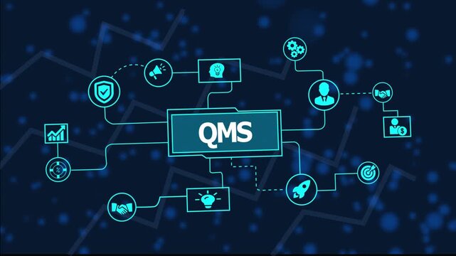 Professional QMS concept illustration representing quality management system, process improvement, compliance, business excellence, and continuous organizational development.